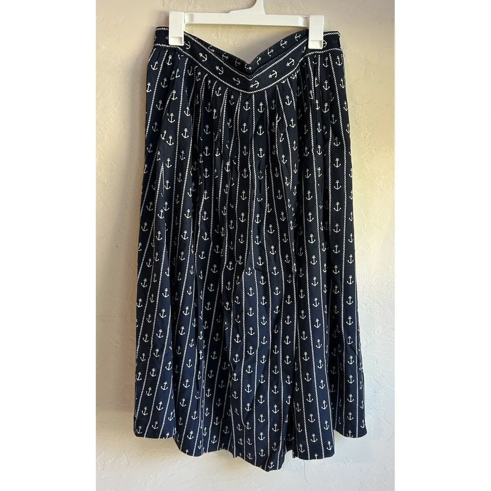 Vintage Bechamel‎ Anchor Print Pleated Midi Maxi Skirt 12 Nautical Preppy Money